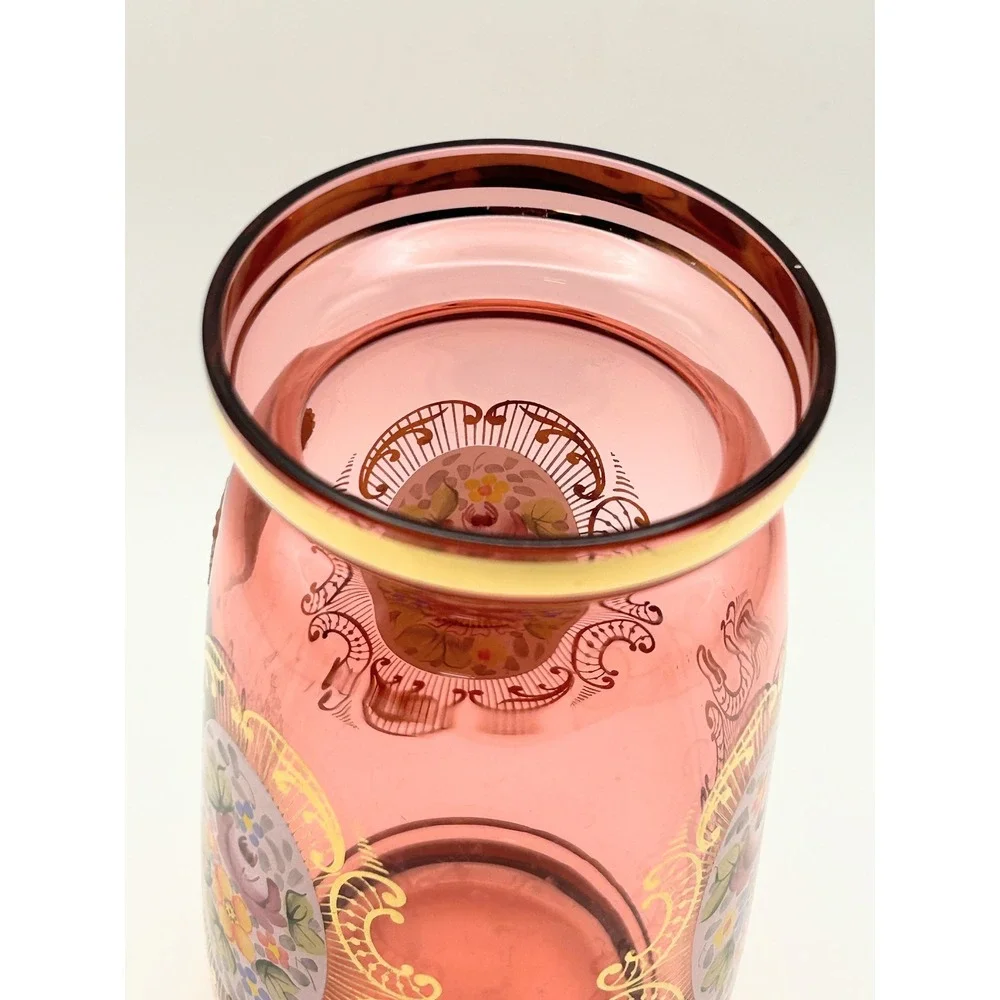 Vintage Bohemian‎ Cranberry Glass Vase Hand Painted Enamel Gold Czech Crystalex